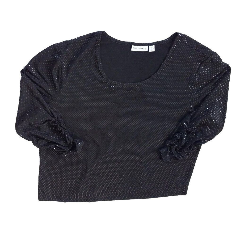 Susan Graver Women 2X Stretch Replicted Polkadot Blouse Spandex Polyester Black